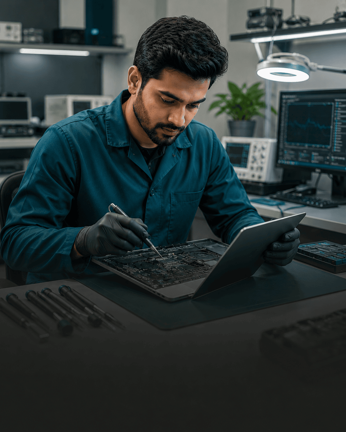 Technician diagnosing computer hardware